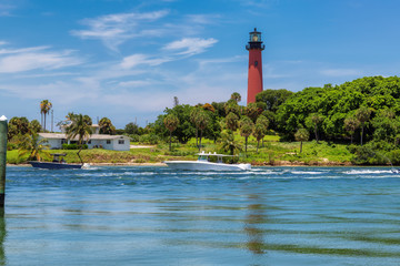 Beautiful view of the Jupiter lighthouse at sunny summer day in West Palm Beach County, Florida
