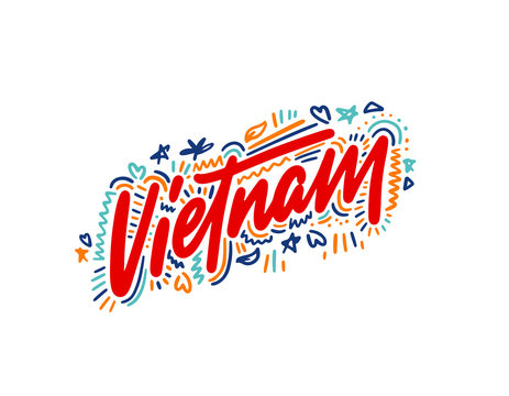 Vietnam. Name country word text card, banner script. Beautiful typography inscription greeting calligraphy poster black, gold ribbon, star. Handwritten design modern brush lettering isolated vector.