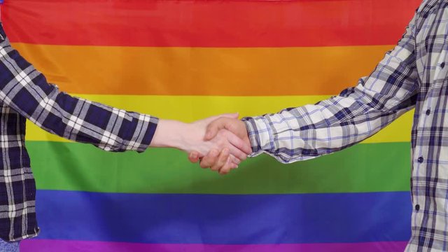 Close up of a handshake on the background of the LGBT flag