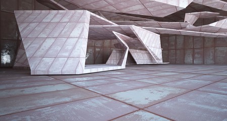 Empty  abstract room interior of sheets rusted metal. Architectural background. 3D illustration and rendering