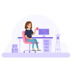 Modern workplace concept in office room with woman worker character.