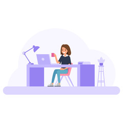 Modern workplace concept in office room with woman worker character.