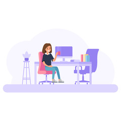 Modern workplace concept in office room with woman worker character.