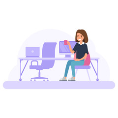 Modern workplace concept in office room with woman worker character.