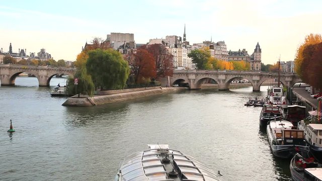Cruise ships on Seine River and Neute Bridge&nbsp;in autumn, France