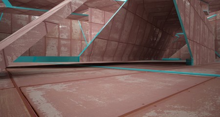 Empty  abstract room interior of sheets rusted metal. Architectural background. 3D illustration and rendering