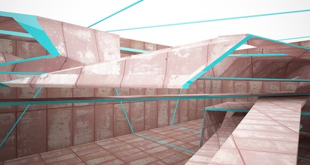 Empty  abstract room interior of sheets rusted metal. Architectural background. 3D illustration and rendering
