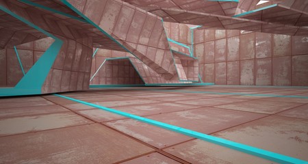 Empty  abstract room interior of sheets rusted metal. Architectural background. 3D illustration and rendering