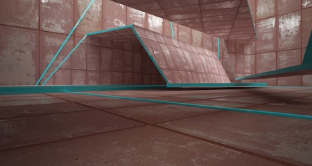 Empty  abstract room interior of sheets rusted metal. Architectural background. 3D illustration and rendering