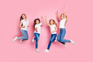 Full length body size view of four nice attractive trendy slim fit cheerful glad overjoyed excited positive long hair girls having fun rejoicing funky mood motherhood isolated on pink pastel