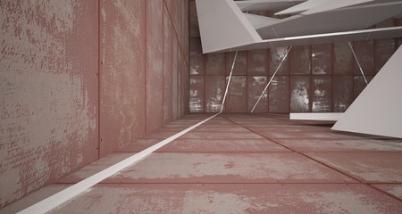 Empty  abstract room white interior of sheets rusted metal . Architectural background. 3D illustration and rendering