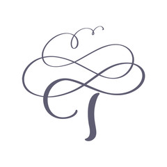 Vector Hand Drawn calligraphic floral T monogram or logo. Uppercase Hand Lettering Letter T with swirls and curl. Wedding Floral Design