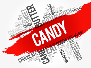 Candy word cloud collage, food concept background