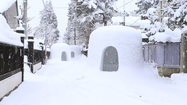 Kamakura igloos on street in winter, Yokote, Akita Prefecture, Japan