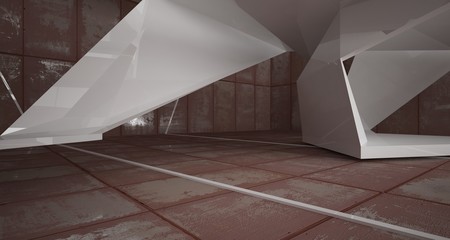 Empty  abstract room white interior of sheets rusted metal . Architectural background. 3D illustration and rendering