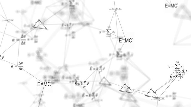 Flying through different physics formulas. Background of rapidly changing physical formulas. Digital animation of mathematical equations moving in the screen against.
