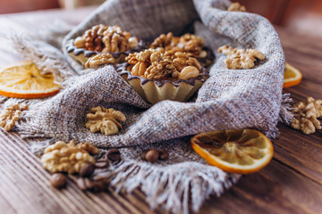 Sweet basket cake with condensed milk and nuts. Homemade baking. 