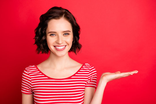 Close-up portrait of her she nice attractive lovely charming cute cheerful cheery confident glad wavy-haired lady holding new ad advert isolated on bright vivid shine red background