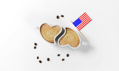 two cups of coffee in the shape of a heart with coffee beans, milk froth and american flag as a simbol of national coffee day, isolated on a white background, 3d render
