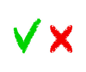 Cross and check mark on isolation Grunge cross sign. Graphic design element. Vector