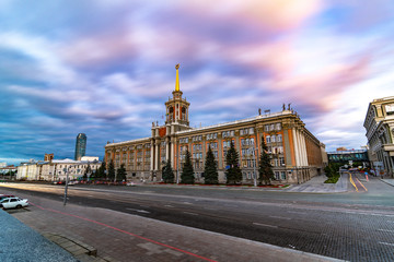 Long exposure view of Yekaterinburg city hall administration with blurred clouds