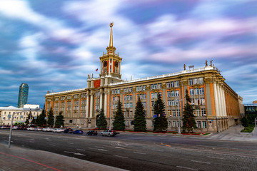 Long exposure view of Yekaterinburg city hall administration with blurred clouds