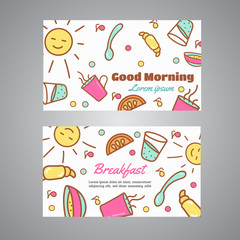 Good Morning text. Breakfast slogan. Cafe, bakery concept business card. Coffeee and tea vector design Line icons vector