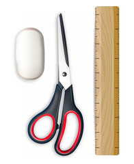 Back to school card supplies Vector realistic. Crayons, ruler, notes detailed 3d illustrations