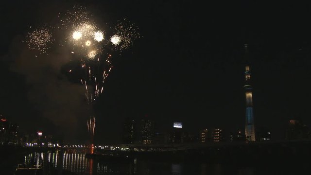 Firework display in sky at night above Sumida ward, Tokyo, Japan