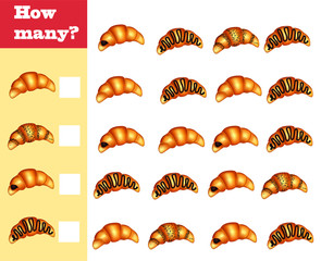 Counting game for preschool children. Educational math game. Count how many different croissants and record the result!