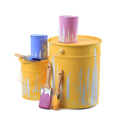 Open cans of paint in different colors and brushes. Isolated on white. Repair concept.