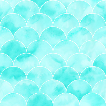 Turquoise sea wave geometric texture. Fish scale seamless pattern.