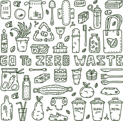 Collection of zero waste theme. Illustration for save planet. Eco shopping bag, bottle, jar, cup, hygiene products. Monochrome Vector design