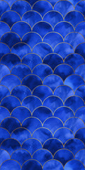 Luxury fish scale seamless pattern. Golden sea waves on blue watercolor texture.