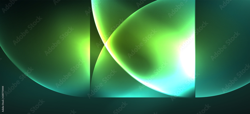 Fototapete techno glowing glass geometric shapes vector background, futuristic dark template with neon light ef