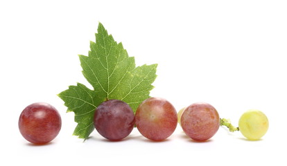 Fresh Cardinal grapes with leaf isolated on white background