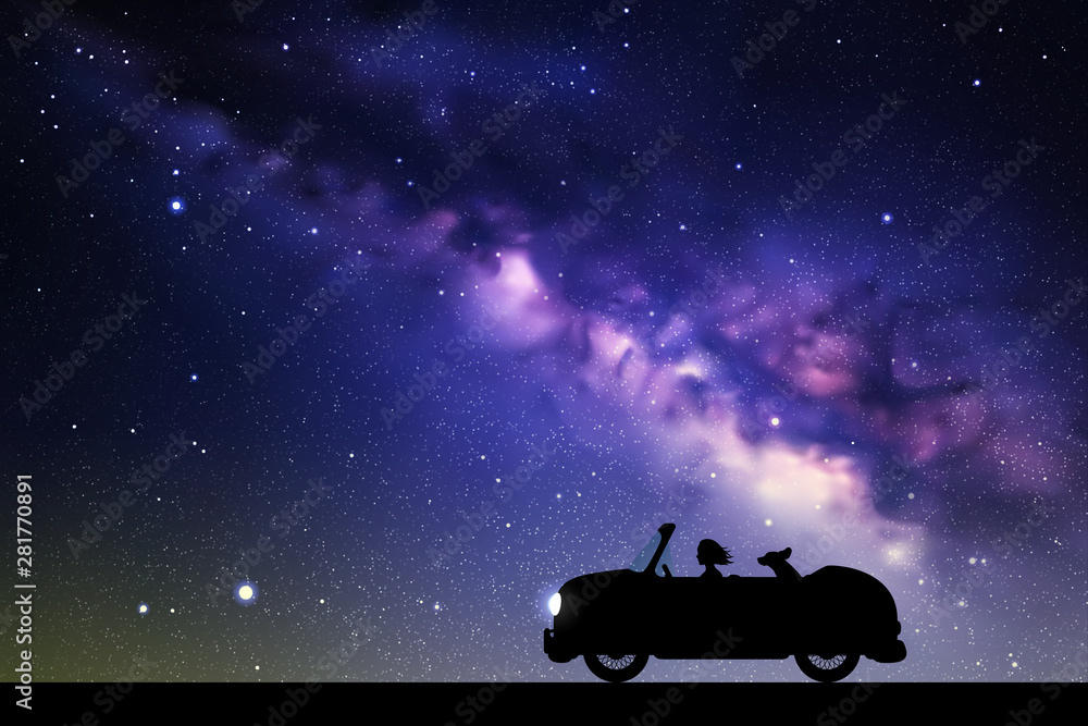 Poster cartoon retro car on road at night. vector illustration with silhouettes of woman and dog traveling 