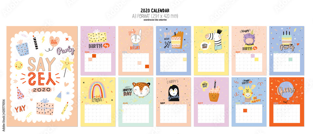 Wall mural happy birthday wall calendar. 2020 yearly planner have all months. good organizer and schedule. tren - Wall murals