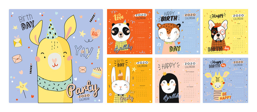 Happy Birthday wall calendar. 2020 Yearly Planner have all Months. Good Organizer and Schedule. Trendy party illustrations, lettering with holiday inspiration quotes. Vector background