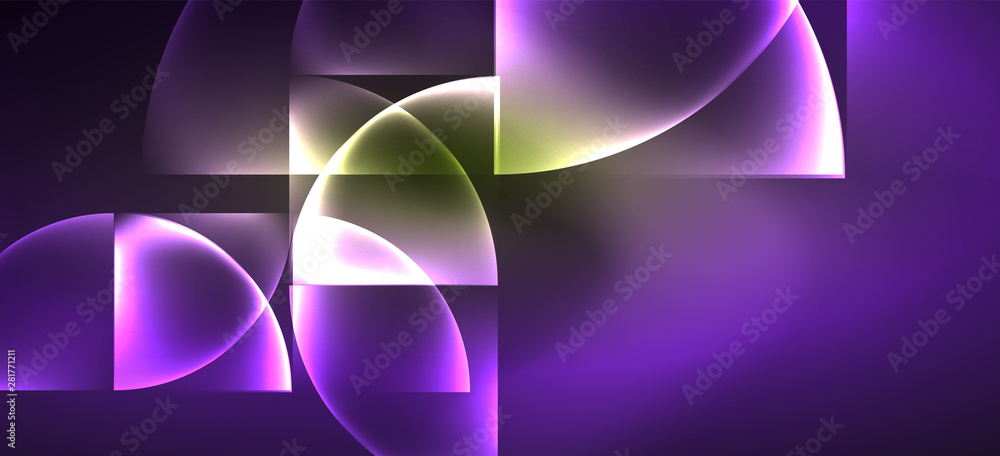 Fototapete techno glowing glass geometric shapes vector background, futuristic dark template with neon light ef