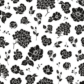 Seamless vector pattern of silhouettes with flowers Roses, Hydrangea, leaves and branches. Black and white floral illustration in vintage style.