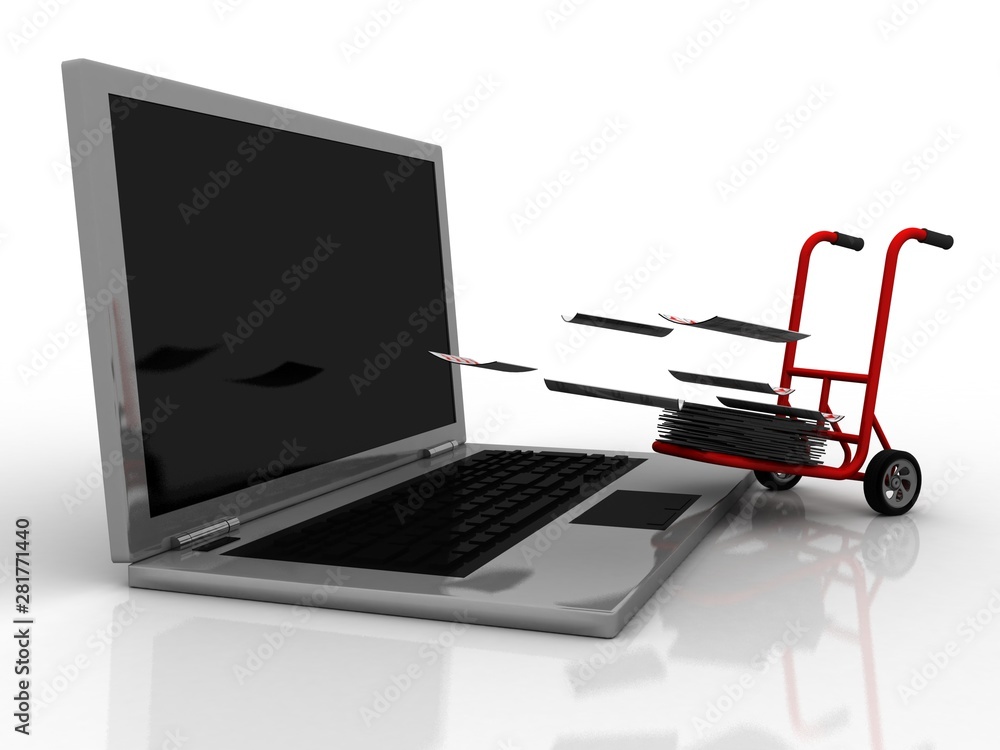 Poster 3d rendering documents in cart with laptop