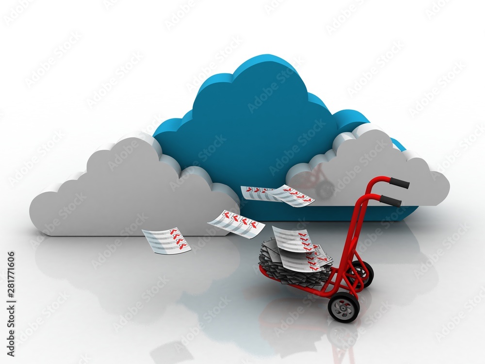 Poster 3d rendering documents in cart with cloud