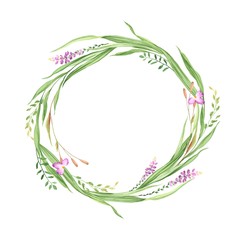 Frame with grass and wildflowers, floral wreath for invitation, greeting card and wedding. Vector romantic illustration.