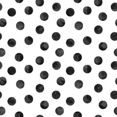 Seamless black and white polka dot pattern. Watercolor illustration.