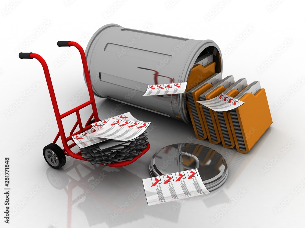 Poster 3d rendering documents in cart with folder in bin