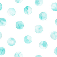 Seamless turquoise polka dot pattern isolated on white. Watercolor illustration.