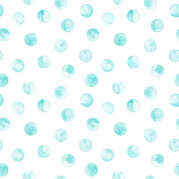 Seamless turquoise polka dot pattern isolated on white. Watercolor illustration.