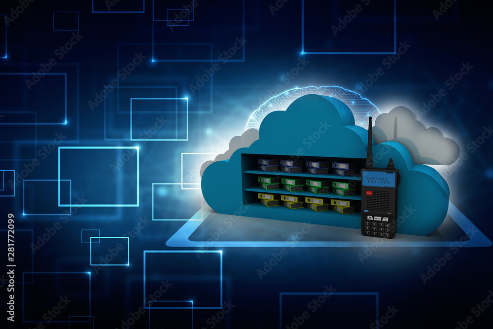 Poster 3d rendering latest radio transceivers with cloud folder storage