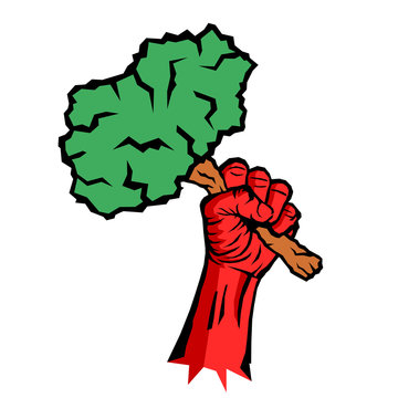 Eco Socialism / Eco-socialism - Socialist Red Raised Fist Is Holding Green Tree And Plant - Ideology, Poltics And Movement Of Left Ecology. Vector Illustration